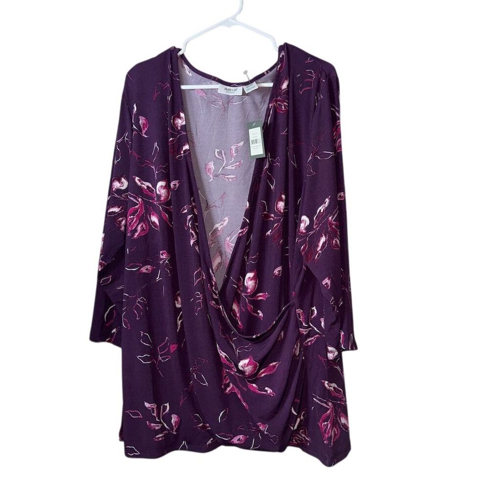 Avenue Studio Womens Plus Size 30/32 Plum Midnight Floral Surplice Draped Top